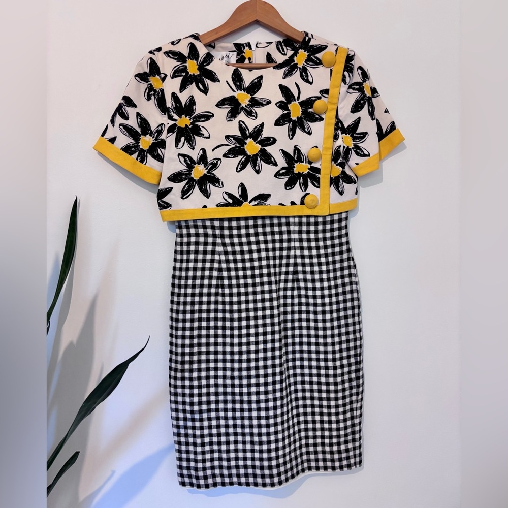Vintage 60s Mod Daisy Gingham Dress Yellow Trim Size 6 Retro Shift